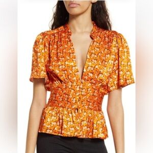 Topshop Angel Sleeve Button Up Blouse Size 4. Orange silky fabric w/roses. Cute!